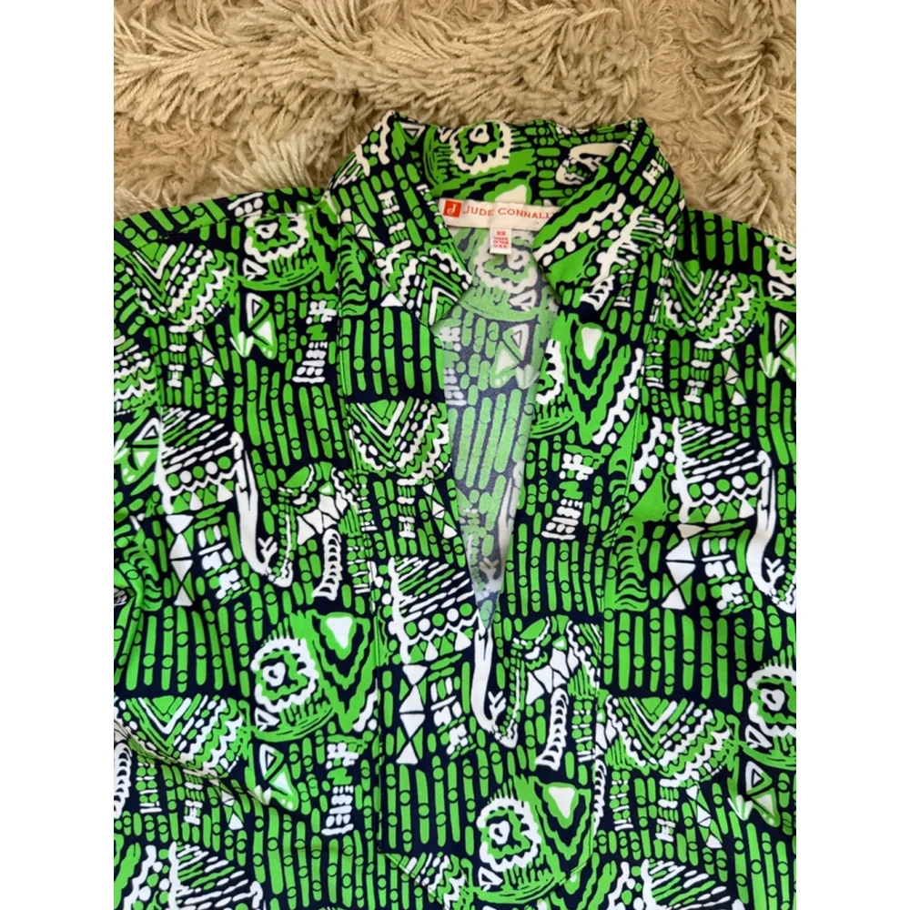 Women's Jude Connally XS Green White Elephant Print Long Sleeve Dress